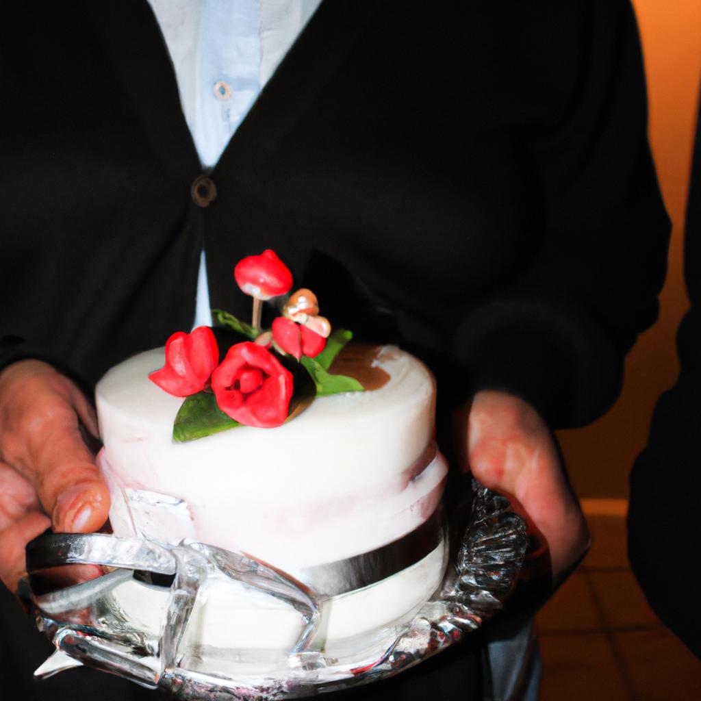 Person holding a wedding cake